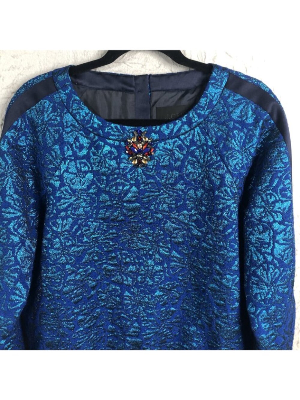 Statement Sweater Women 10 Blue Metallic Delphinium Jacquard Jewels Castle NEW - Picture 4 of 16